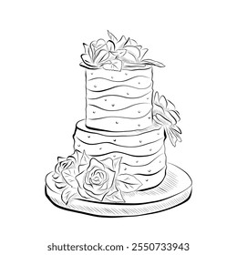 Line drawing. Wedding cake with flowers in line art style.