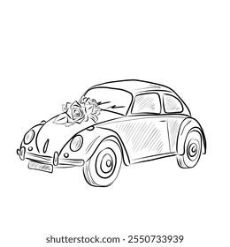 Line drawing. Wedding car with flowers on the hood in line art style