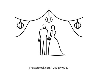 Line drawing wedding couple underneath lanterns