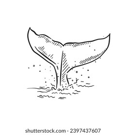 A line drawing of a whale tail coming out of the sea. Black and white and finished with bubbles and water splatters surrounding the tail.
