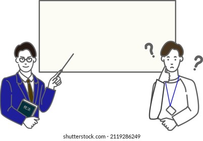 A line drawing of a white background explained in front of a whiteboard by a tax accountant-like man and a casual man who came in a suit