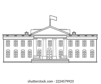 Line drawing of the White House, the official residence and workplace of the president of the United States at 1600 Pennsylvania Avenue NW Washington, DC viewed from front on isolated background.