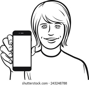 line drawing of a white student showing a mobile app on a smart phone
