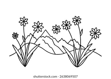 Line drawing of wildflowers blooming before mountain range
