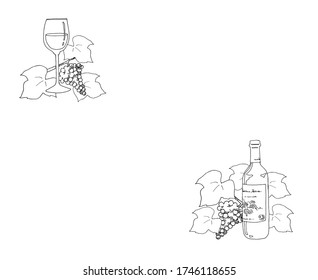 Line drawing of wine and grapes