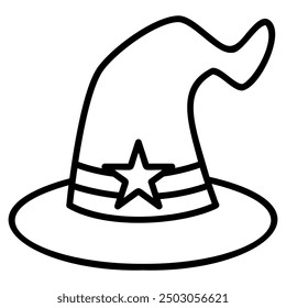 A line drawing of a witch's hat with a star on the front.