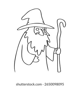 Linha desenhando um assistente com um chapéu uma bengala curvada na barba