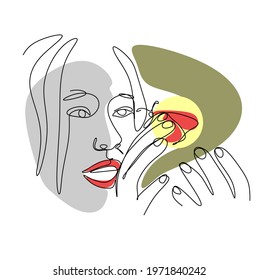 a line drawing of a woman admiring a butterfly on her fingers, close-up on a white isolated background. Vector illustration of spa services.Beauty salon. Minimalism. Print for T-shirts, for coloring. 