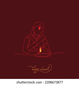 Line Drawing Of Woman Burning Diya For Indian Festival Diwali