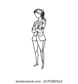 Line drawing of a woman in a business suit standing and crossing her arms.