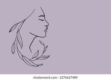Line drawing of a woman face with flower on a violet background. Lady face profile with flower outline. Design for cosmetics