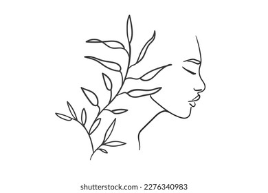 Line drawing of a woman face with sprigs on a white background. Lady face profile with flower outline. Design for cosmetics