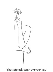 Line drawing woman with flower. - Vector illustration