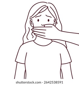 Desenho de linha de mulher com a mão cobrindo a boca. Representa abuso emocional, violência e silenciamento em estilo minimalista