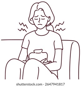 Desenho de linha da mulher segurando a almofada de aquecimento ao estômago enquanto senta com expressão dolorosa. Mostra desconforto por cólicas menstruais e dor menstrual