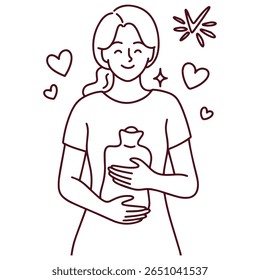 Line drawing of woman hugging hot water bottle to relieve menstrual cramps and feel better