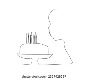 Line drawing of woman lifting birthday continuous line of woman blowing out birthday candles. Birthday celebration line art concept. cake and blowing out candles. Hand made vector not AI.