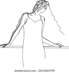 Line drawing of a woman with long flowing hair standing in an elegant night dress with her two hands resting on a support 