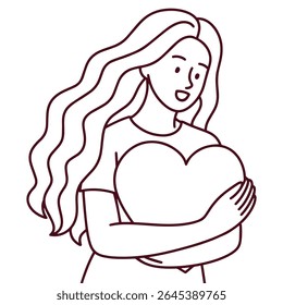 Line drawing of woman with long flowing hair holding heart, soft peaceful emotion in minimal expressive style