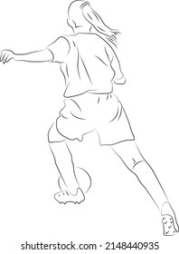 line drawing woman playing soccer. Continuous line drawing of football player kicking ball. Illustration of female athlete. Single one line art of young woman soccer player