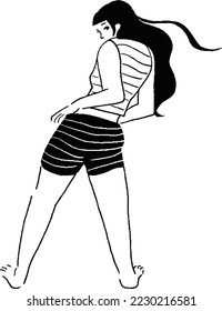 Line drawing of a woman in a pose looking back
