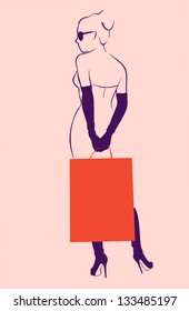 Line drawing of a woman with red shopping bags