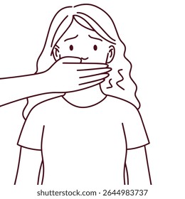 Line drawing of woman in shirt with frightened eyes is silenced by a hand covering her mouth. Symbol of abuse, threat, and emotional suppression