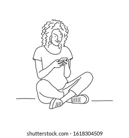 Line drawing of woman sitting  with legs crossed and holding mobile phone. Vector illustration.