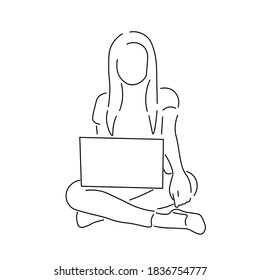 Line drawing of a woman sitting on the floor with her legs crossed. She's holding a laptop or a tablet.