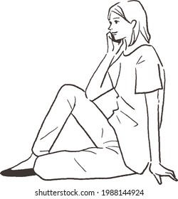 Line drawing of a woman sitting and talking on the phone.