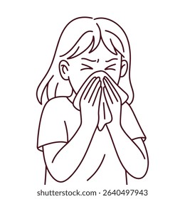 Line drawing of woman sneezing into tissue. Represents symptoms of flu, cold, or allergy in minimal style