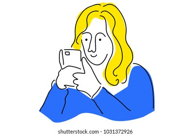 line drawing of a woman using a mobile simple vector illustration.