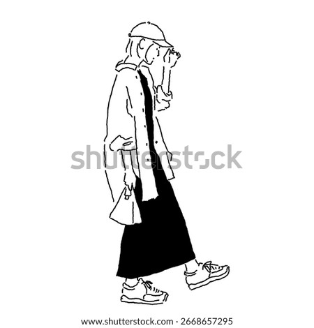 Line drawing of a woman walking while holding her cap