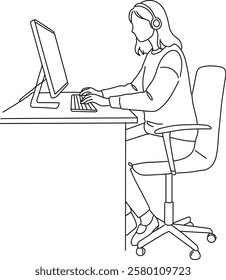 Line drawing of a woman wearing headphones and working as an operator at a desktop PC Call center, customer support, remote work