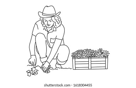 Line drawing of woman works in the garden. Gardening or planting concept. Vector illustration.