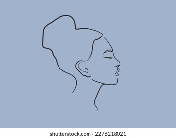 Line drawing of a woman's face on a blue background. Lady face profile outline. Design for cosmetics