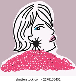 Line drawing of woman's face in a red sweater.