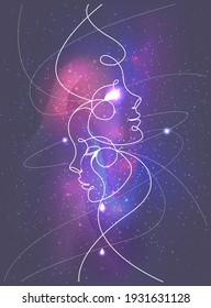 Line Drawing Of Women Faces, Space Art. Abstract Line Art Face, Modern Contemporary Minimalist Portrait. Emotions Of Sadness And Joy, Bipolar Disorder. Beautiful Space Background With Stars.