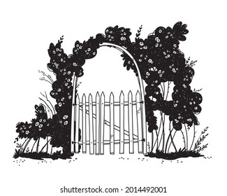 Line Drawing Of A Wooden Garden Arch Gate With Rose Bushes