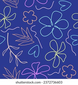 Line drawing work Seamless doodle style floral leaves in blue for fabric prints.