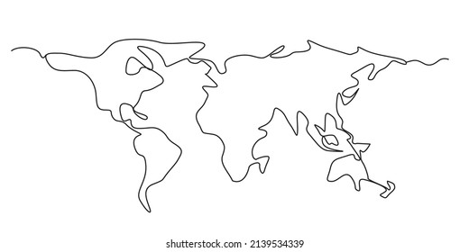 Mapa del mundo de dibujo de líneas. Mapa del mundo de un solo dibujo, silueta de la tierra del arte de línea, atlas de dibujo continuo de monolina, un icono de continentes lineares de contorno, ilustración vectorial lineal