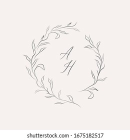 Line drawing wreath, floral frame with hand drawn branches, plants, herbs. Botanical illustration. Leaf logo. Wedding invitation. Vector Illustration