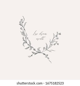 Line drawing wreath, floral frame with hand drawn branches, plants, herbs. Botanical illustration. Leaf logo. Wedding invitation. Vector Illustration