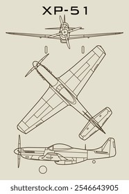 line drawing of a XP-51 aircraft, showcasing three different perspectives. The top view shows the plane from above, highlighting its long, straight wings and multiple engines.