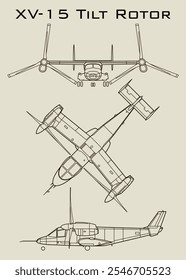 line drawing of a XV-15 Tilt Rotor aircraft, showcasing three different perspectives. The top view shows the plane from above, highlighting its long, straight wings and multiple engines.