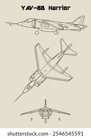 desenho de linha de uma aeronave Harrier YAV-8B, mostrando três perspectivas diferentes. A vista superior mostra o avião de cima, destacando suas asas longas e retas e vários motores.