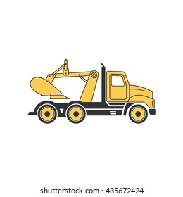 Line drawing yellow digging truck vector illustration isolated on white background.