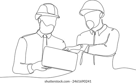 Line drawing of a young architect discussing a construction project with his supervisor. Building architecture business concept. One line design vector graphic illustration