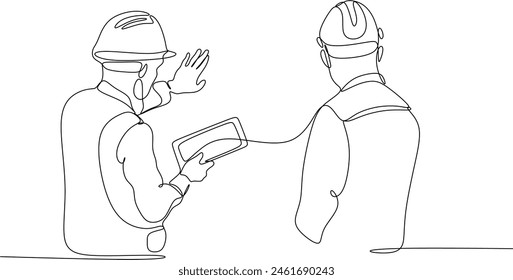 Line drawing of a young architect discussing a construction project with his supervisor. Building architecture business concept. One line design vector graphic illustration