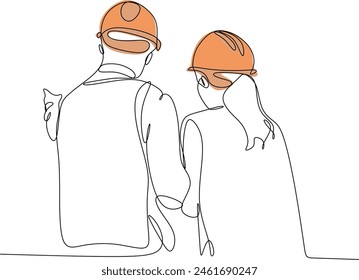 Dibujo en línea de un joven arquitecto discutiendo un proyecto de construcción con su supervisor. Concepto de negocio de arquitectura de edificios. Ilustración gráfica de Vector de diseño de una línea